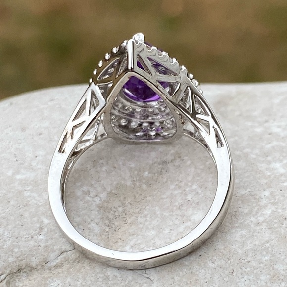 Amethyst teardrop halo ring platinum plated sz 7 brand new in box - Picture 4 of 16
